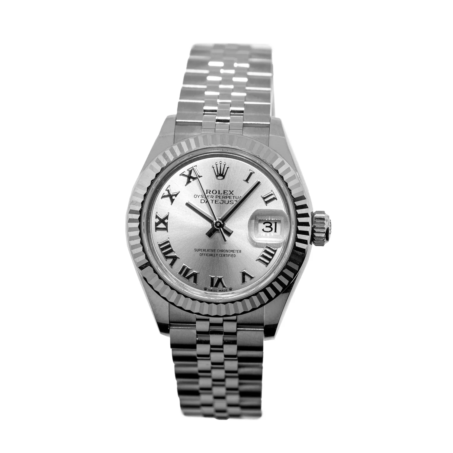 Rolex Datejust 28mm White Gold & Steel Silver Roman Dial & Fluted Bezel 279174