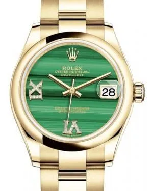 Rolex Datejust 31 Lady Midsize Yellow Gold Green Malachite VI IX Diamond Dial & Smooth Domed Bezel Oyster Bracelet 278248