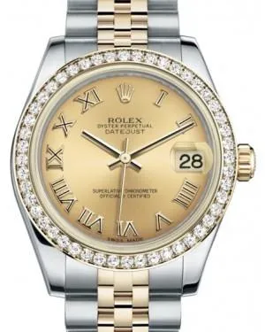 Rolex Datejust 31 Lady Midsize Yellow Gold/Steel Champagne Roman Dial & Diamond Bezel Jubilee Bracelet 178383