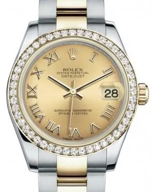 Rolex Datejust 31 Lady Midsize Yellow Gold/Steel Champagne Roman Dial & Diamond Bezel Oyster Bracelet 178383