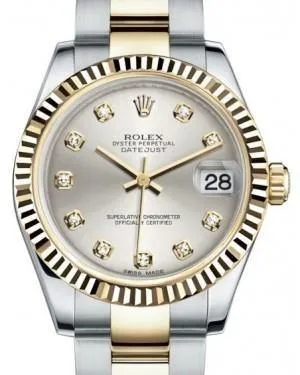 Rolex Datejust 31 Lady Midsize Yellow Gold/Steel Silver Diamond Dial & Fluted Bezel Oyster Bracelet 178273