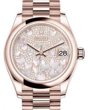 Rolex Datejust 31MM Lady Midsize Rose Gold Diamond Pave Mother of Pearl Butterfly Dial & Smooth Domed Bezel President Bracelet 278245 - NEW