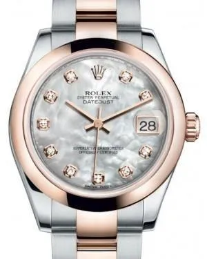 Rolex Datejust 31MM Lady Midsize Rose Gold/Steel White Mother of Pearl Diamond Dial & Smooth Domed Bezel Oyster Bracelet 178241 - NEW