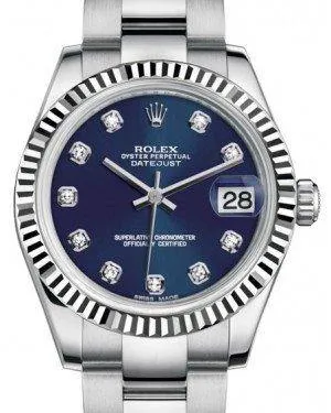 Rolex Datejust 31MM Lady Midsize White Gold/Steel Blue Diamond Dial & Fluted Bezel Oyster Bracelet 178274 - NEW