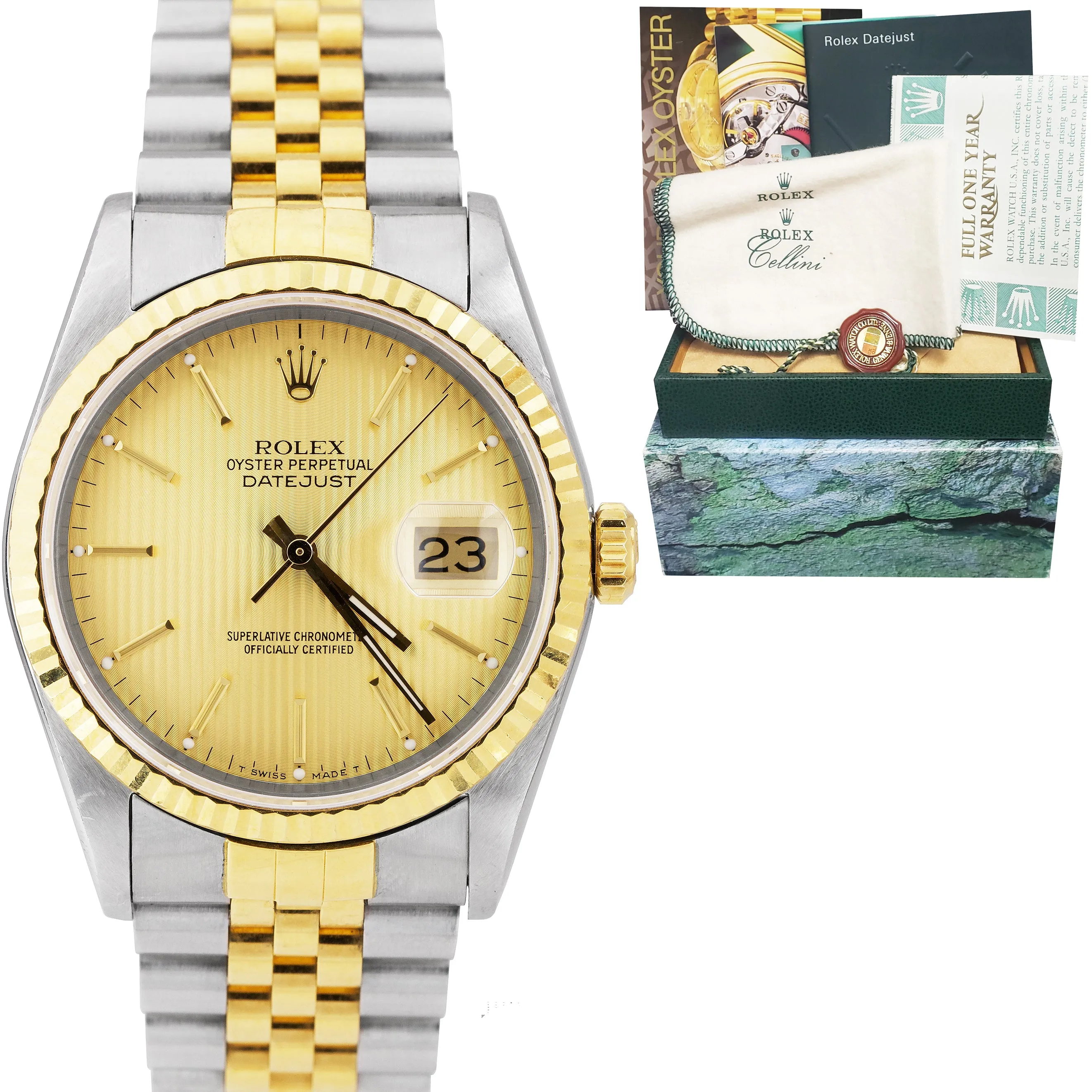Rolex DateJust 36mm 16233 Champagne Tapestry 18K Two-Tone Jubilee Watch FULL SET