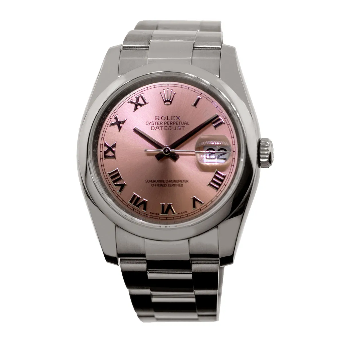 Rolex Datejust 36mm Stainless Steel Salmon Roman Dial Smooth Bezel 116200