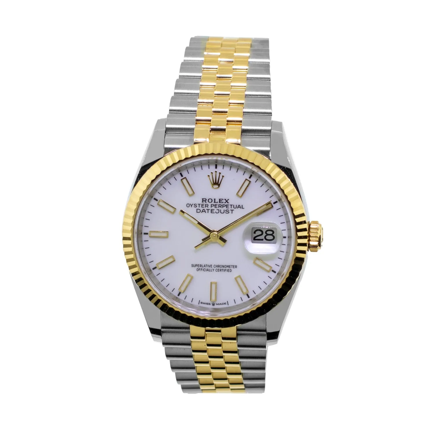 Rolex Datejust 36mm Yellow Gold & Steel White Index & Fluted Bezel 126233