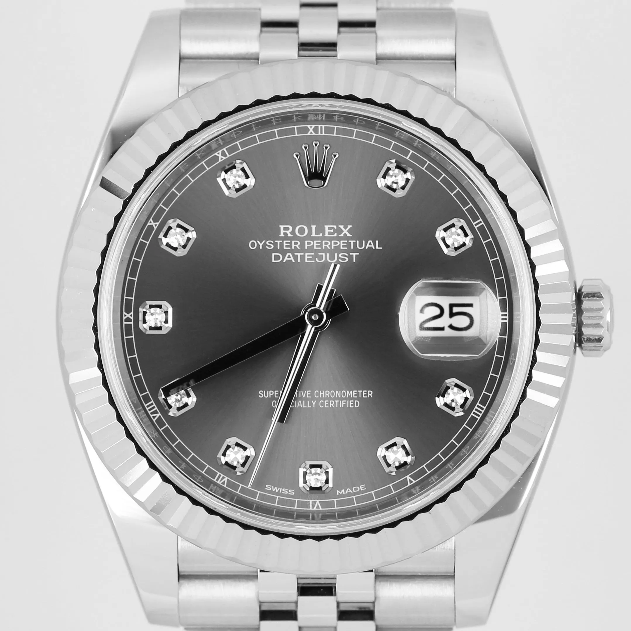 Rolex DateJust 41 Fluted 18k White Gold DIA Rhodium 41mm Jubilee 126334 Watch