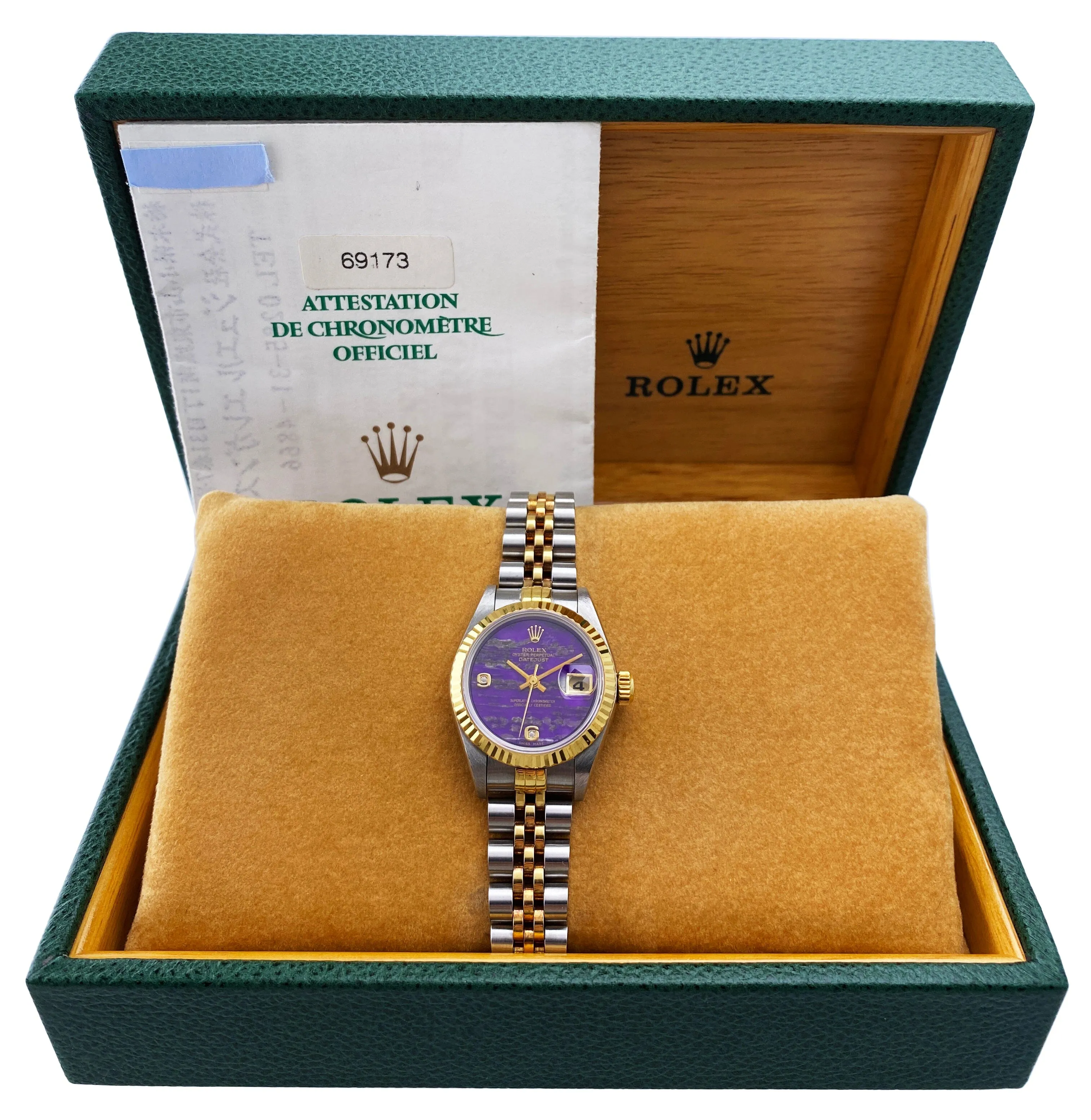 Rolex Datejust 69173 Diamond Sugalite Dial Ladies Watch Box Papers