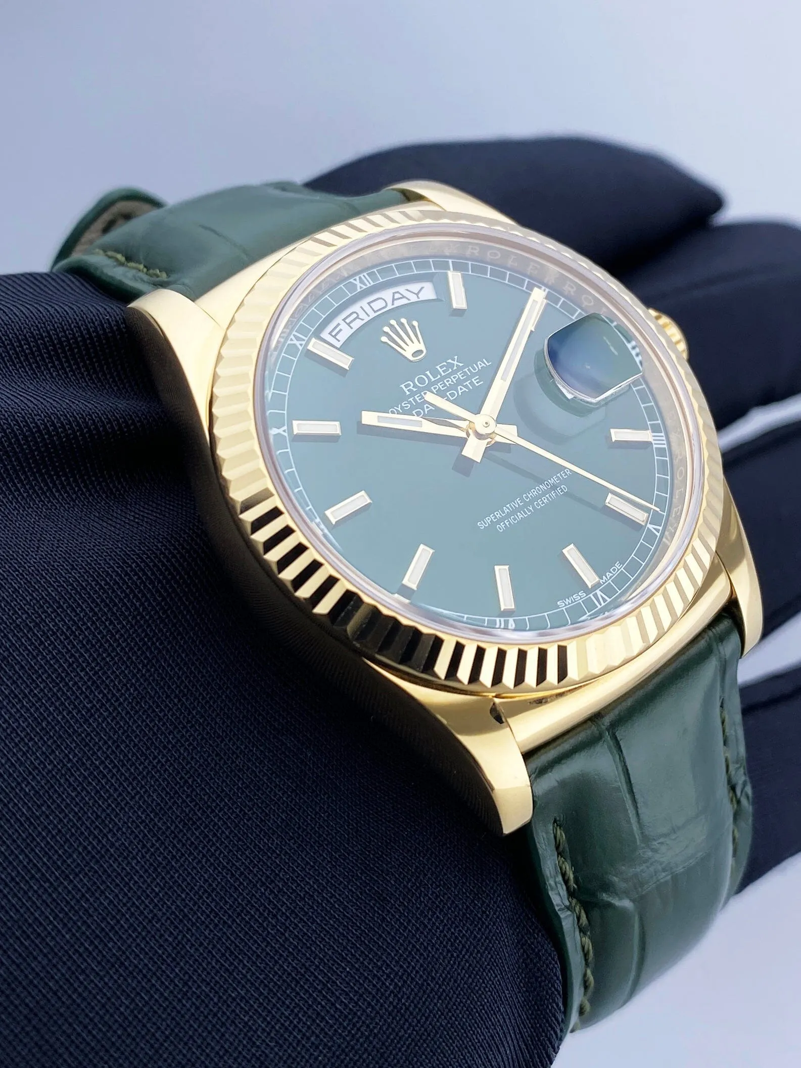 Rolex Day Date 118138 Green Dial 18K Yellow Gold Mens Watch