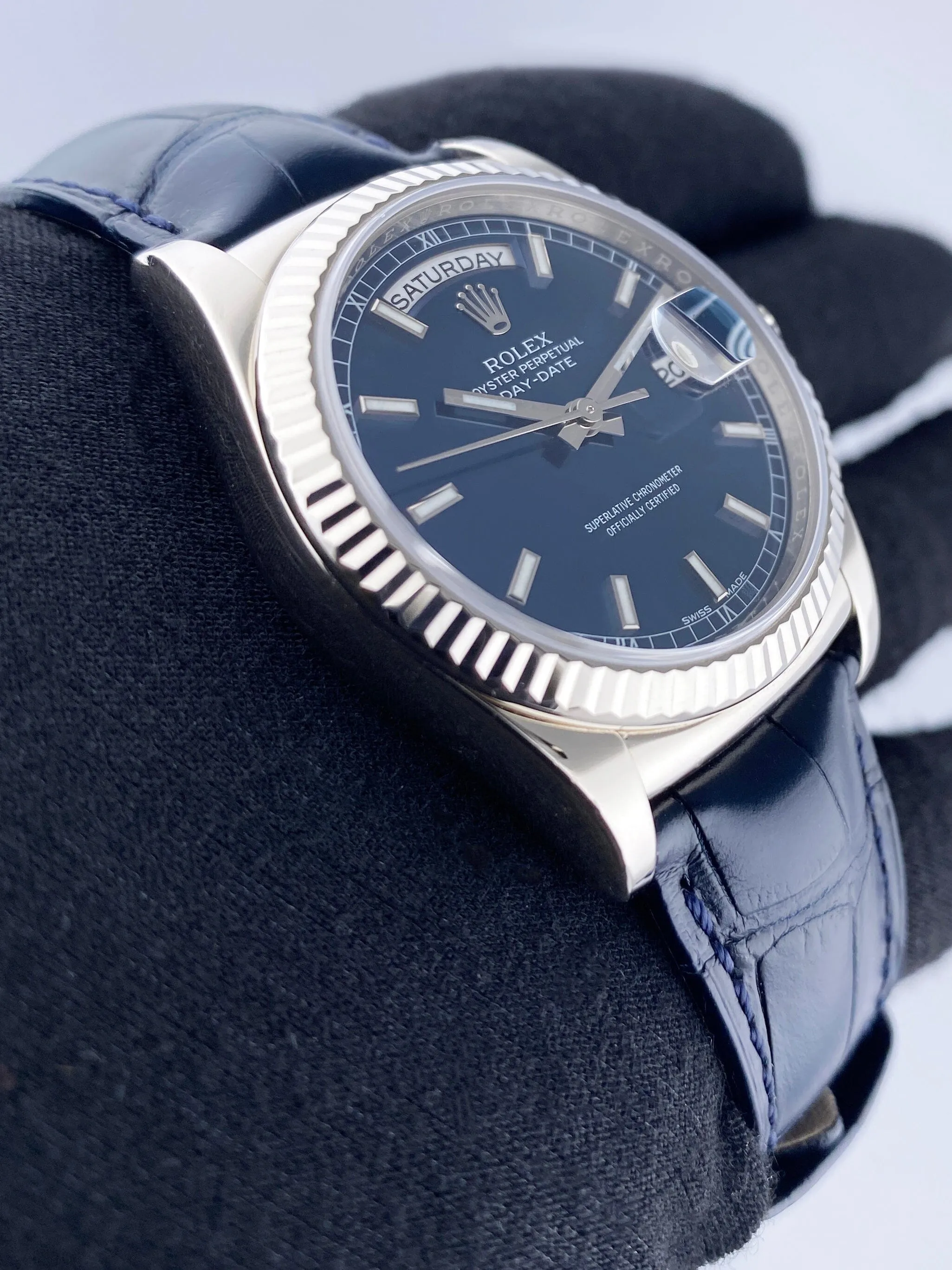 Rolex Day Date 118139 Blue 18K White Gold Mens Watch