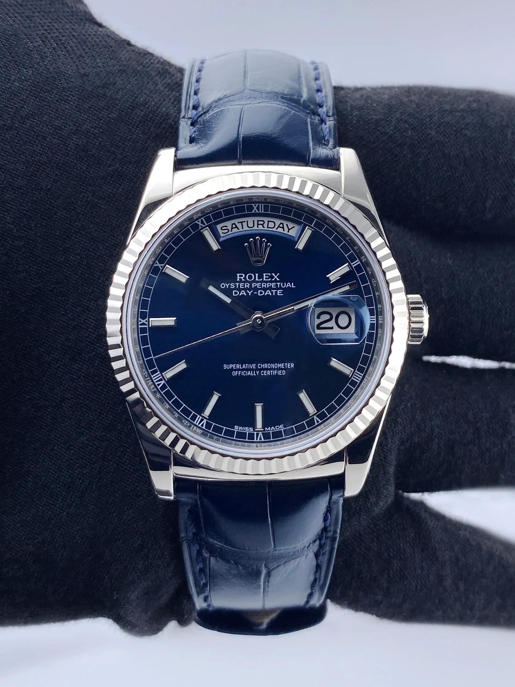 Rolex Day Date 118139 Blue 18K White Gold Mens Watch