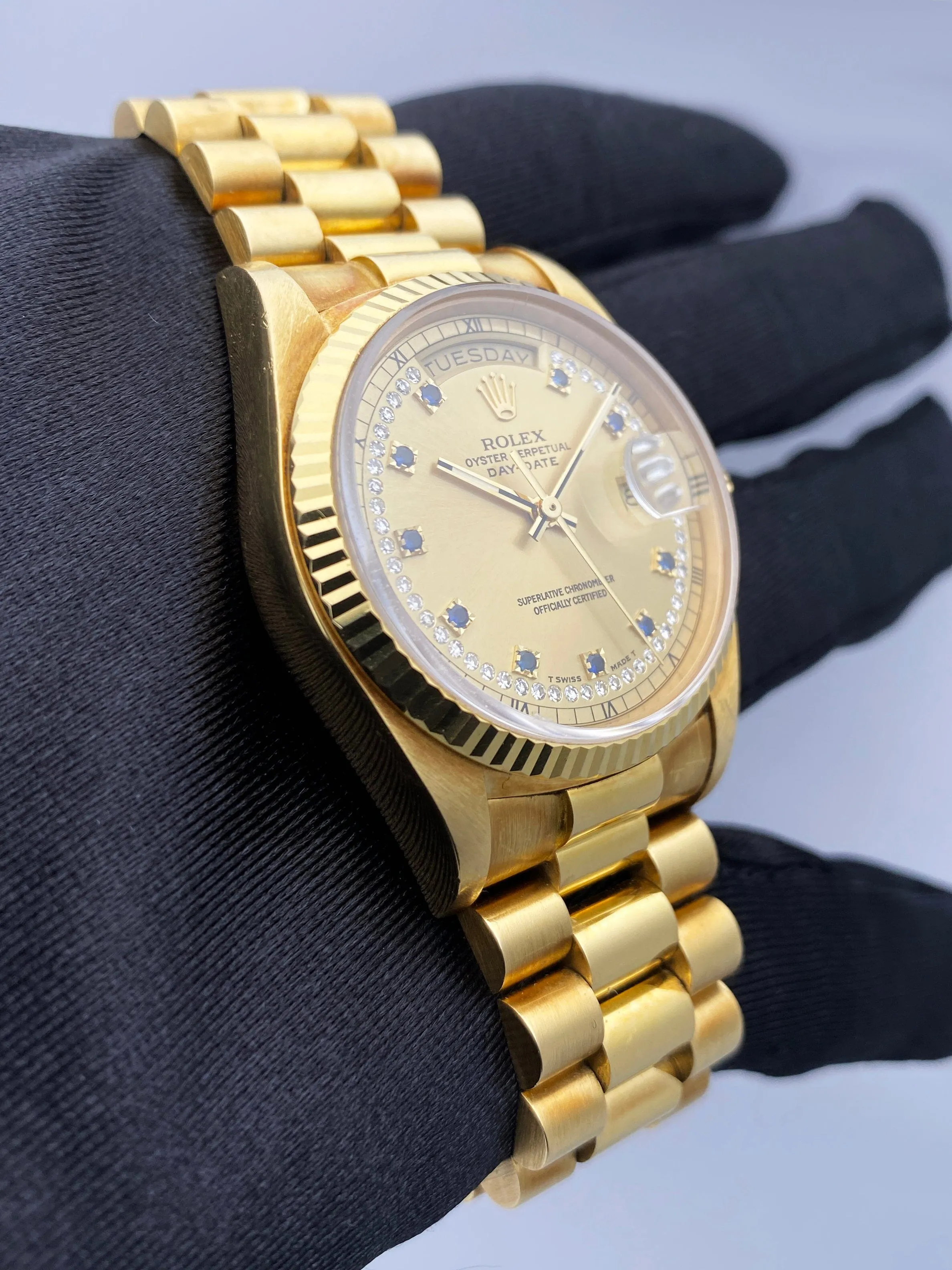 Rolex Day-Date 18038 String Diamond Sapphire Champagne Dial Mens Watch Box Papers