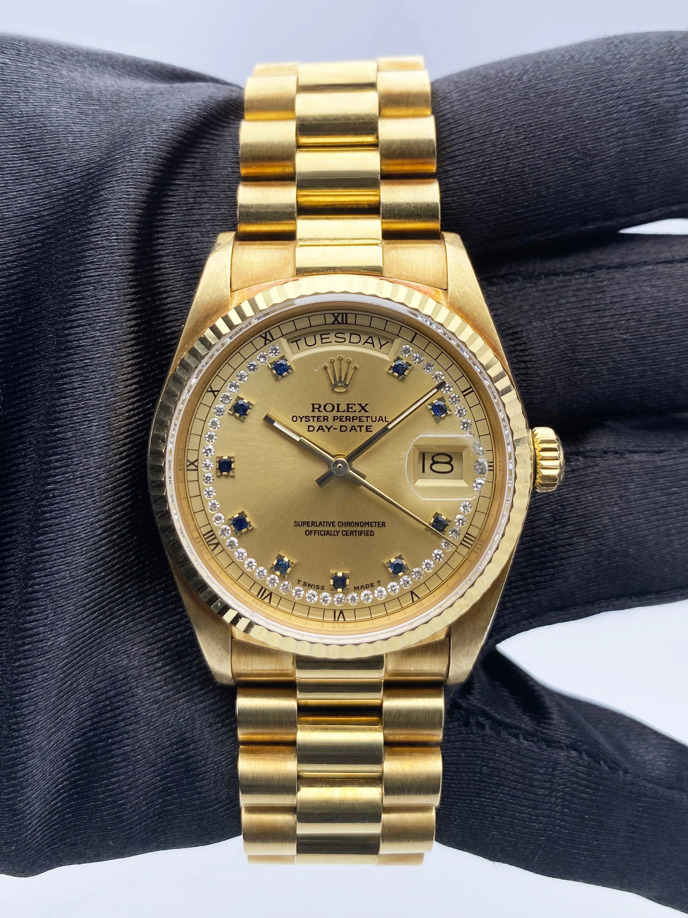 Rolex Day-Date 18038 String Diamond Sapphire Champagne Dial Mens Watch Box Papers