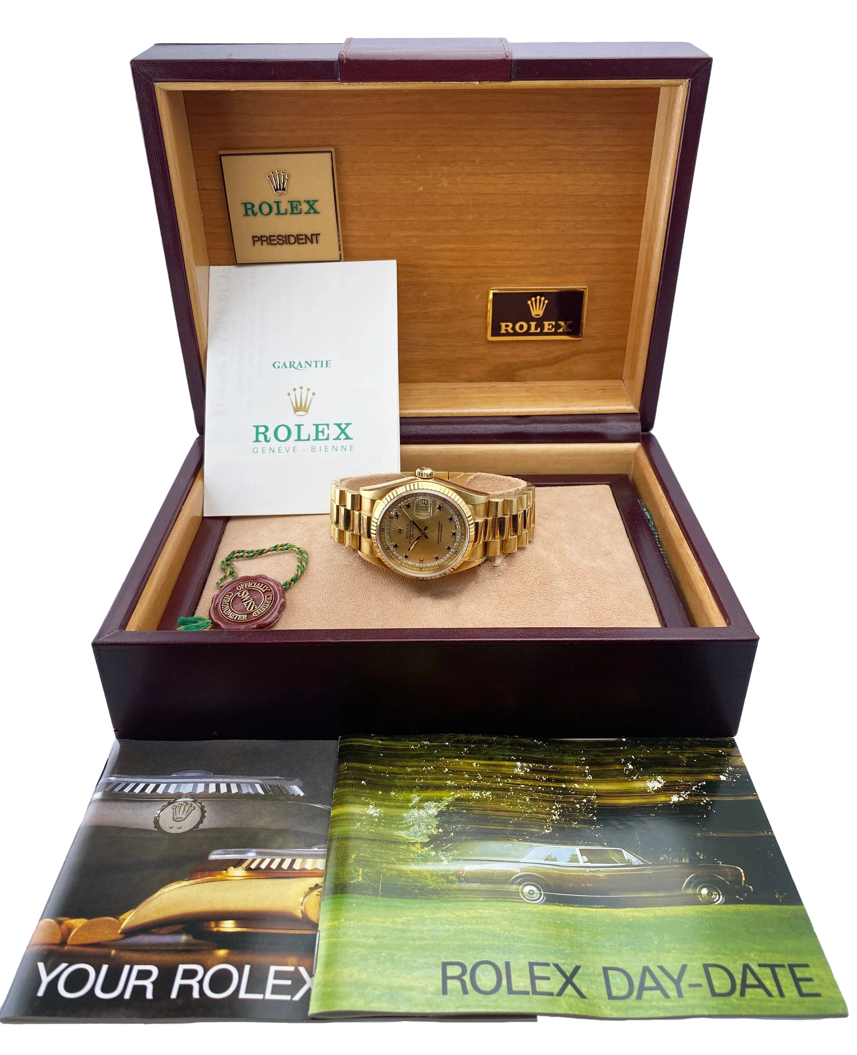 Rolex Day-Date 18038 String Diamond Sapphire Champagne Dial Mens Watch Box Papers