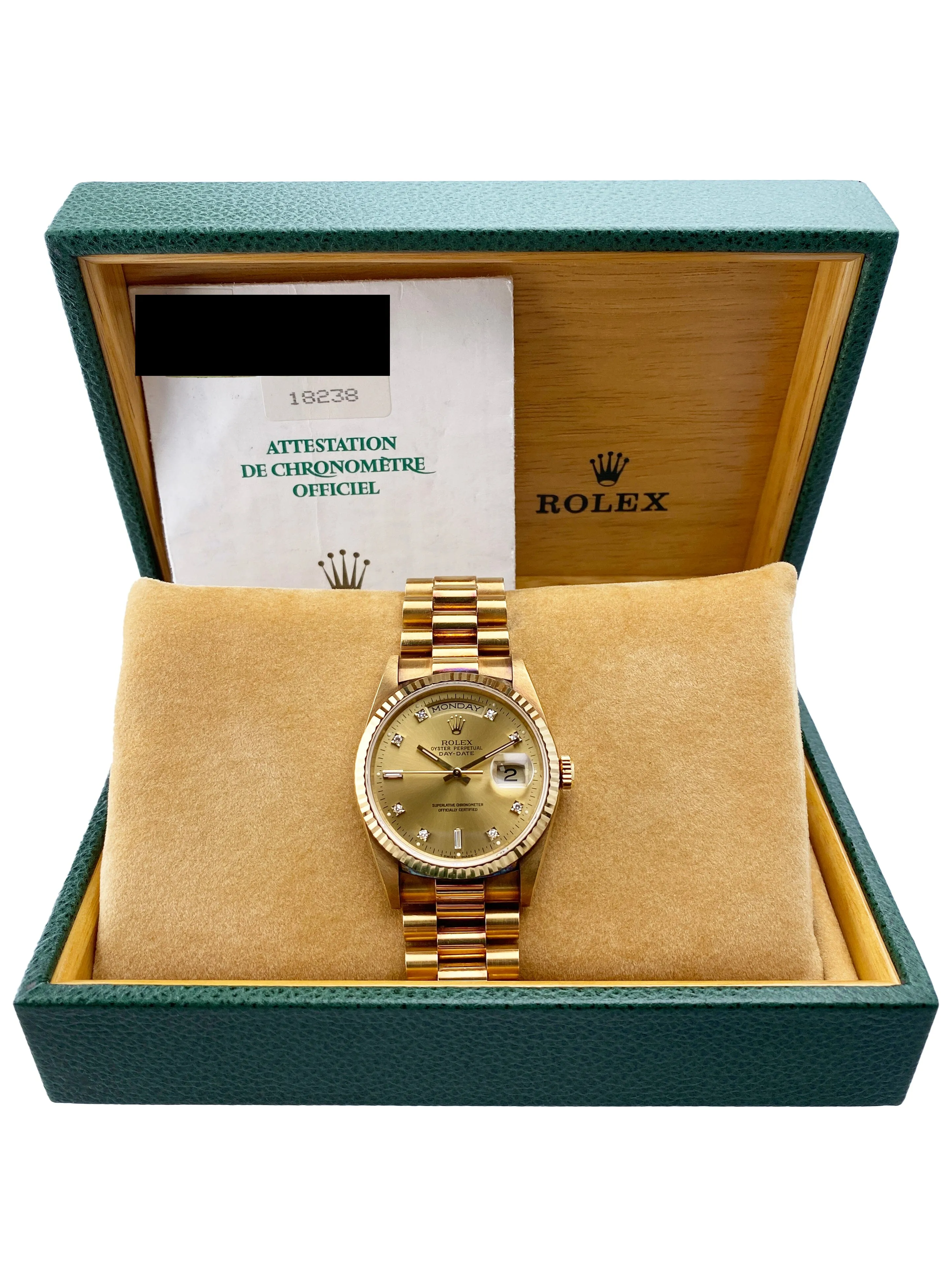 Rolex Day Date 18238 Diamond Dial Mens Watch Box Papers