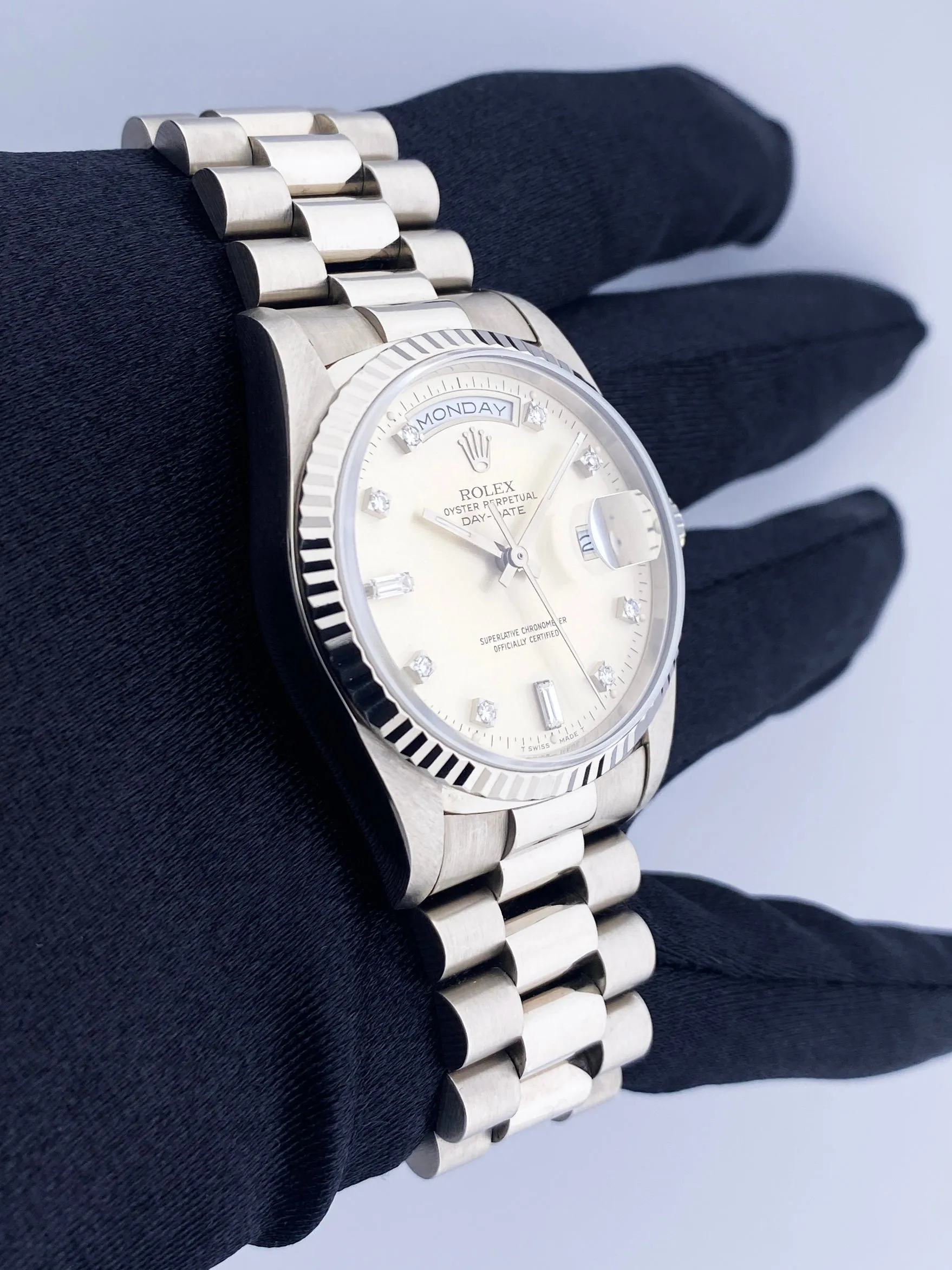 Rolex Day Date 18239 18K White Gold Diamond Dial Mens Watch