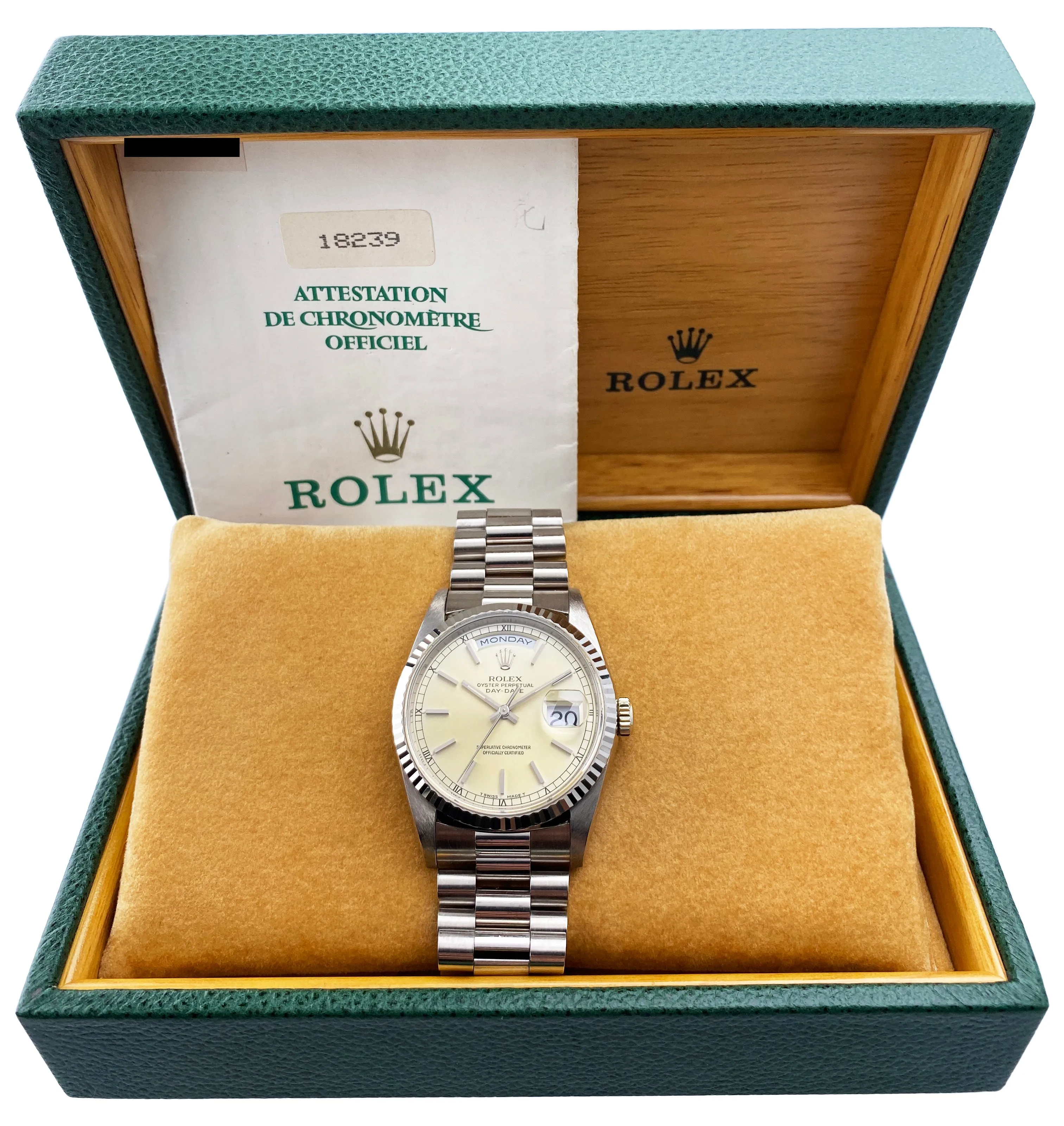 Rolex Day Date 18239 18K White Gold Mens Watch Box Papers
