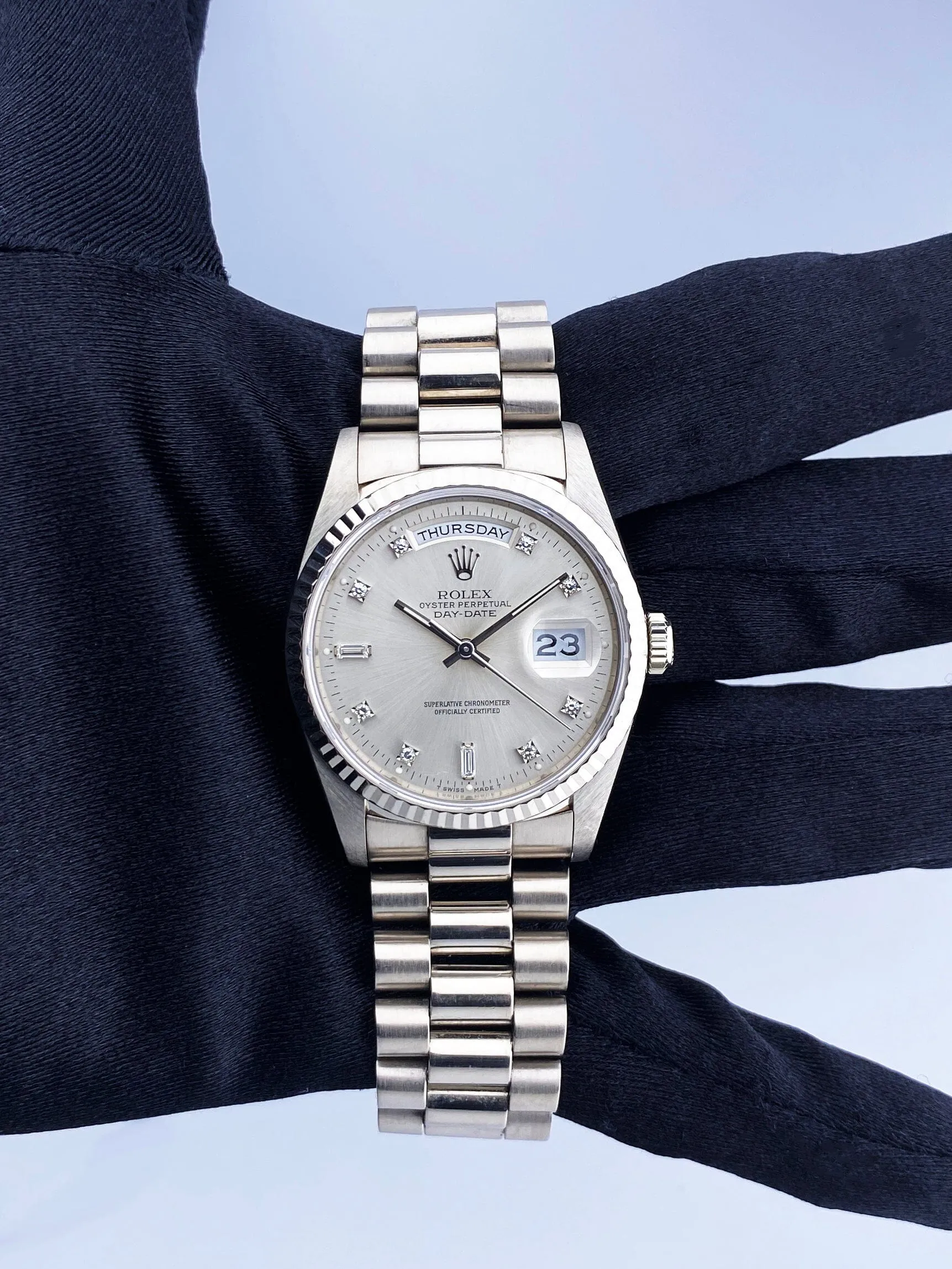 Rolex Day Date 18239 Diamond 18K White Gold Mens Watch Box Papers