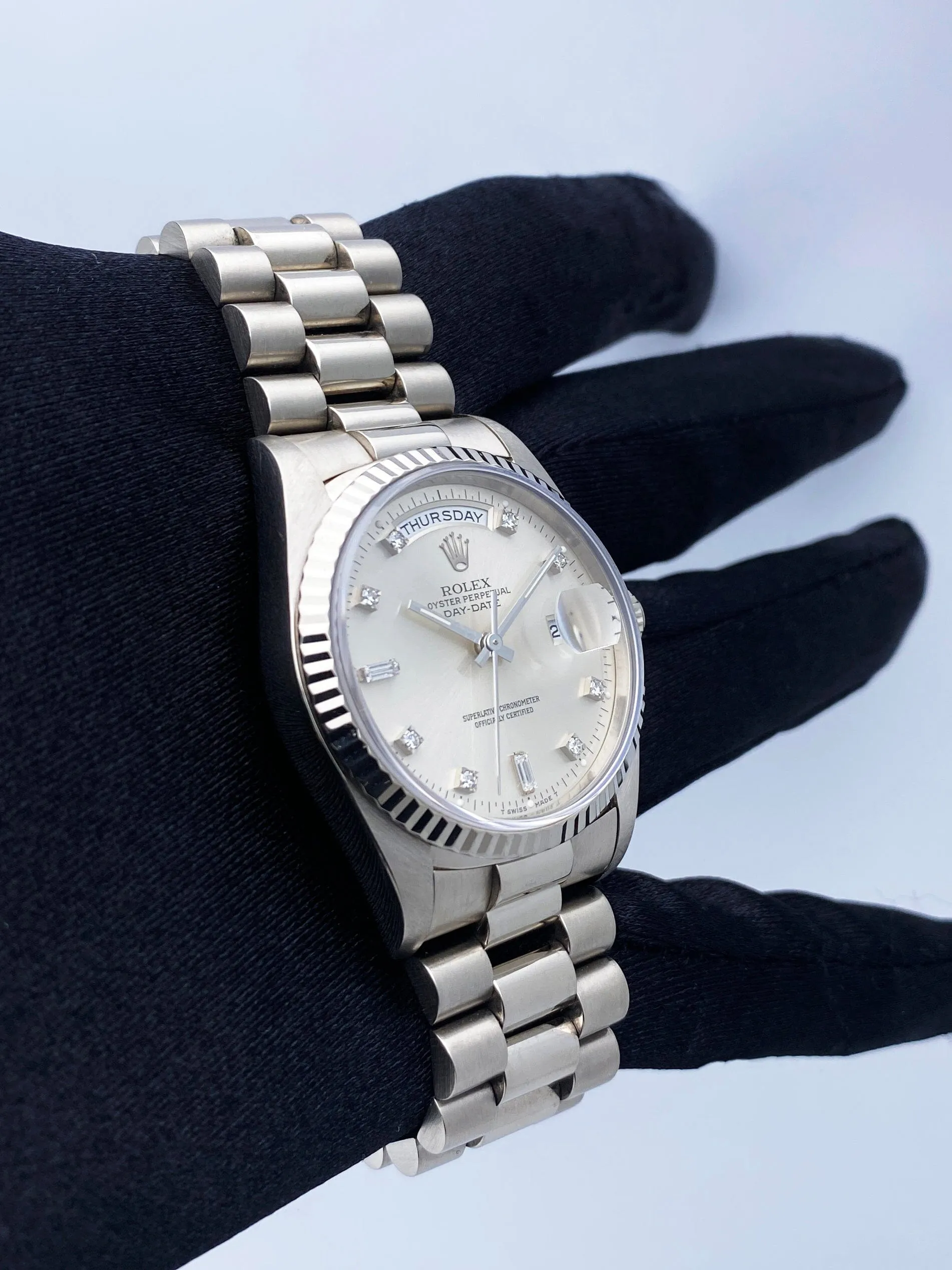 Rolex Day Date 18239 Diamond 18K White Gold Mens Watch Box Papers