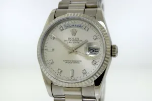 Rolex Day-Date 36mm White Gold Silver Diamond Dial & Fluted Bezel 18239
