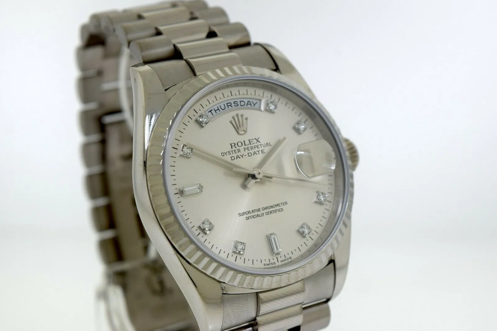 Rolex Day-Date 36mm White Gold Silver Diamond Dial & Fluted Bezel 18239