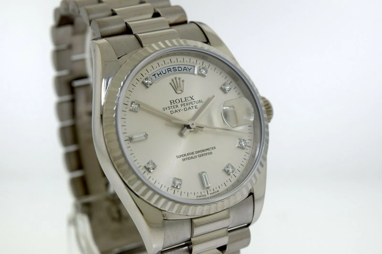Rolex Day-Date 36mm White Gold Silver Diamond Dial & Fluted Bezel 18239