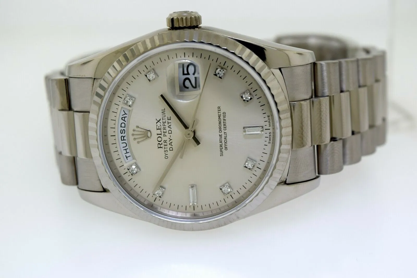 Rolex Day-Date 36mm White Gold Silver Diamond Dial & Fluted Bezel 18239