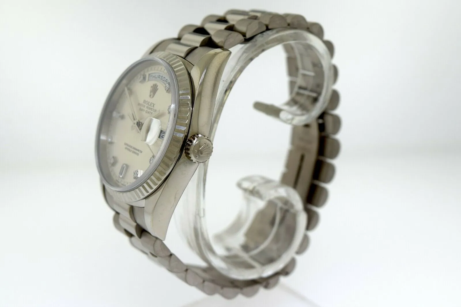Rolex Day-Date 36mm White Gold Silver Diamond Dial & Fluted Bezel 18239