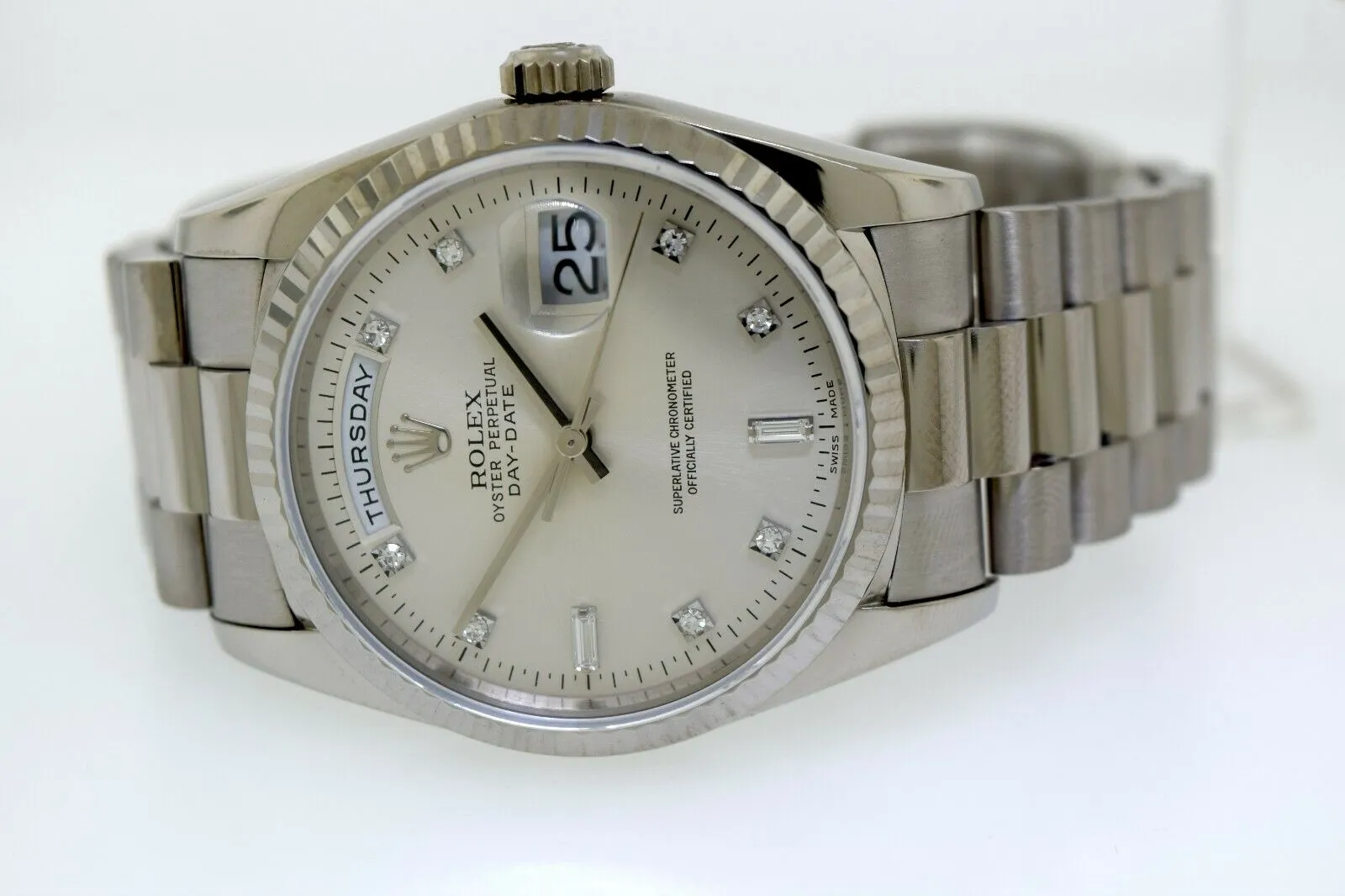 Rolex Day-Date 36mm White Gold Silver Diamond Dial & Fluted Bezel 18239