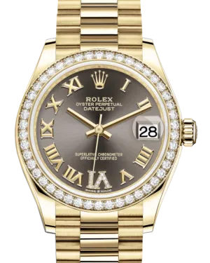 Rolex Lady-Datejust 31 Yellow Gold Dark Grey Roman Diamond VI Dial & Diamond Bezel President Bracelet 278288RBR
