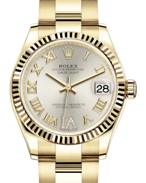 Rolex Lady-Datejust 31 Yellow Gold Silver Roman Diamond VI Dial & Fluted Bezel Oyster Bracelet 278278