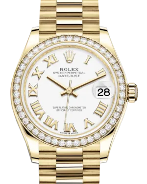 Rolex Lady-Datejust 31 Yellow Gold White Roman Dial & Diamond Bezel President Bracelet 278288RBR