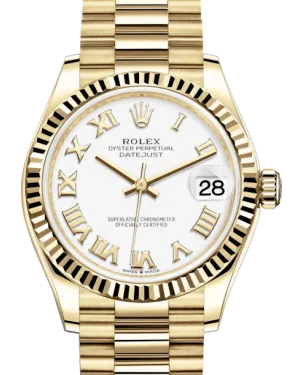 Rolex Lady-Datejust 31 Yellow Gold White Roman Dial & Fluted Bezel President Bracelet 278278