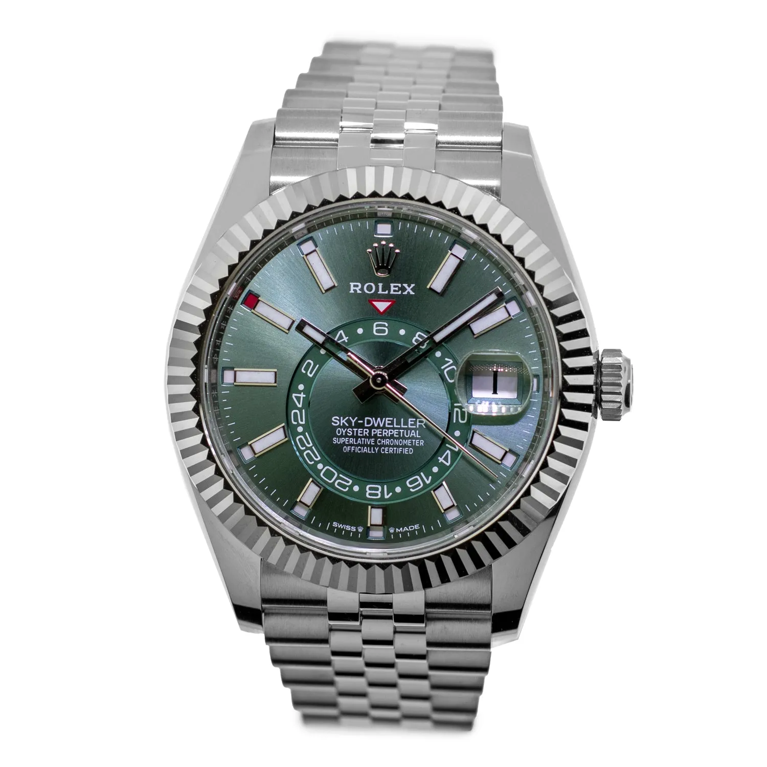 Rolex Sky-Dweller 42mm White Gold & Steel Green Index Dial & Fluted Bezel 336934