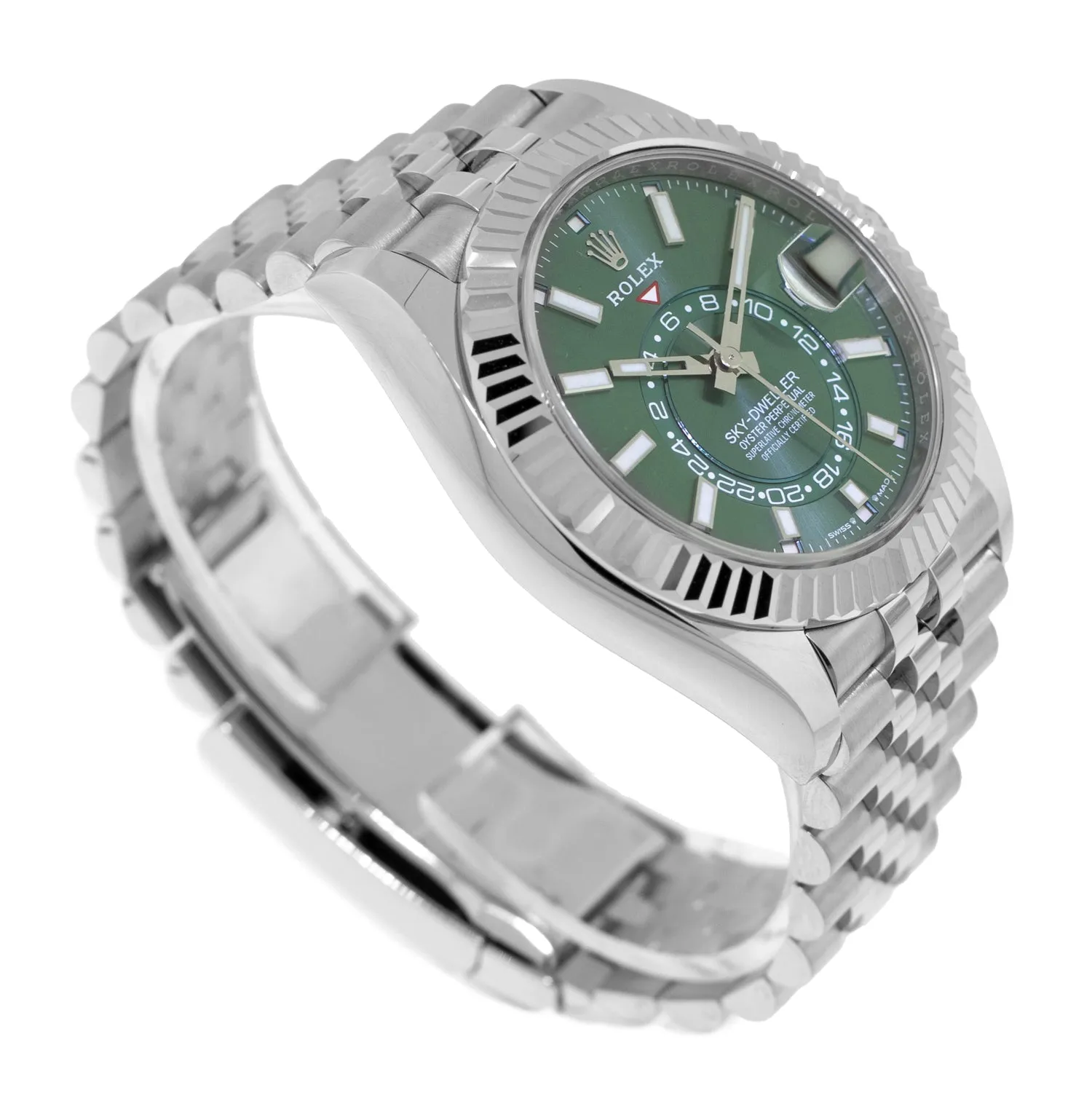 Rolex Sky-Dweller 42mm White Gold & Steel Green Index Dial & Fluted Bezel 336934