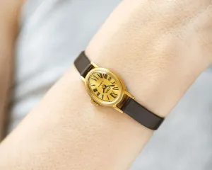 Roman numerals woman's watch Dawn, gold plated lady watch oval dial, petite lady wristwatch jewelry vintage gift, new genuine leather strap