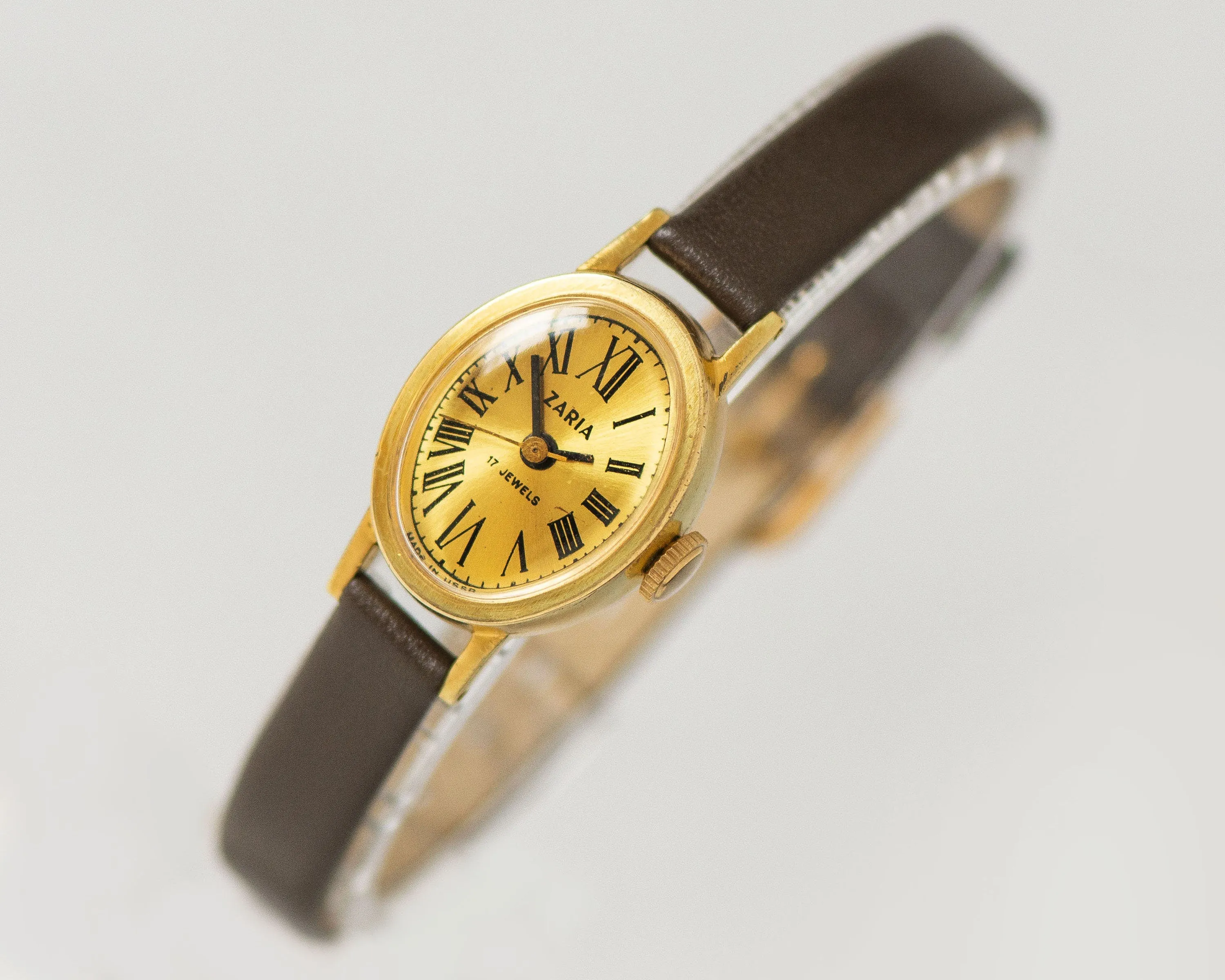 Roman numerals woman's watch Dawn, gold plated lady watch oval dial, petite lady wristwatch jewelry vintage gift, new genuine leather strap
