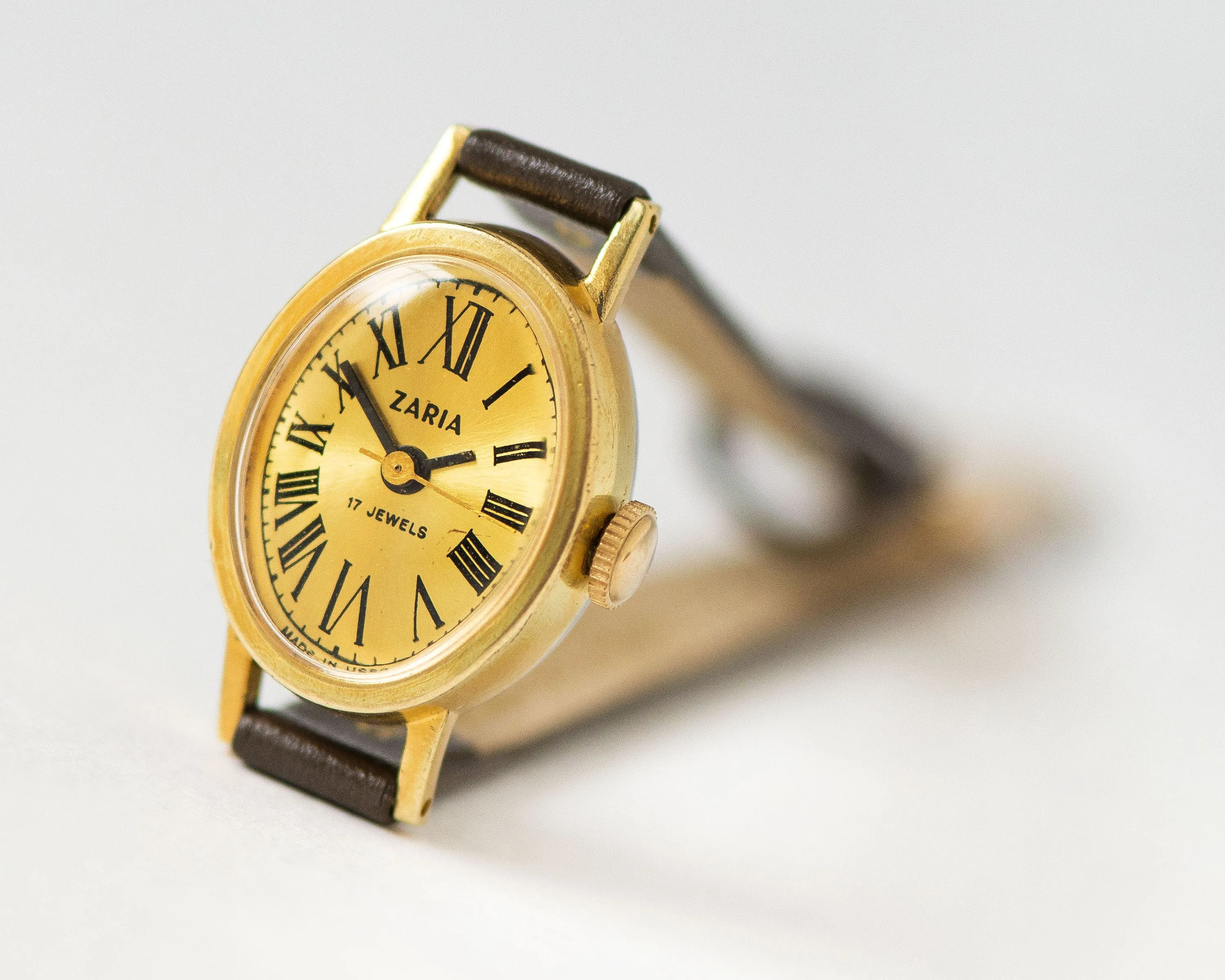 Roman numerals woman's watch Dawn, gold plated lady watch oval dial, petite lady wristwatch jewelry vintage gift, new genuine leather strap