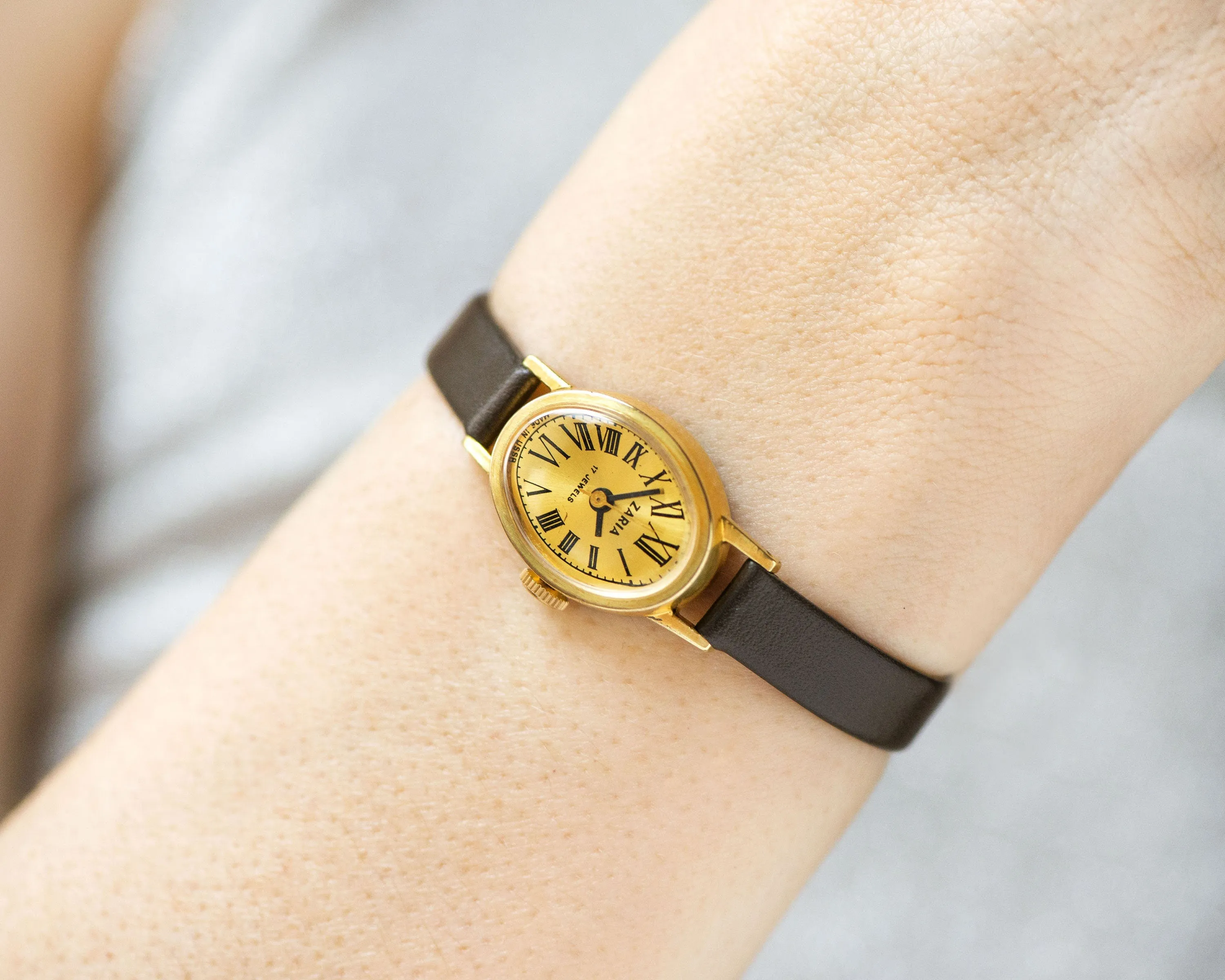 Roman numerals woman's watch Dawn, gold plated lady watch oval dial, petite lady wristwatch jewelry vintage gift, new genuine leather strap