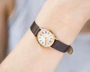 Roman numerals women's watch Ray gold plated, minimalist watch small round, women watch 80s, classical lady watch gift, new leather strap