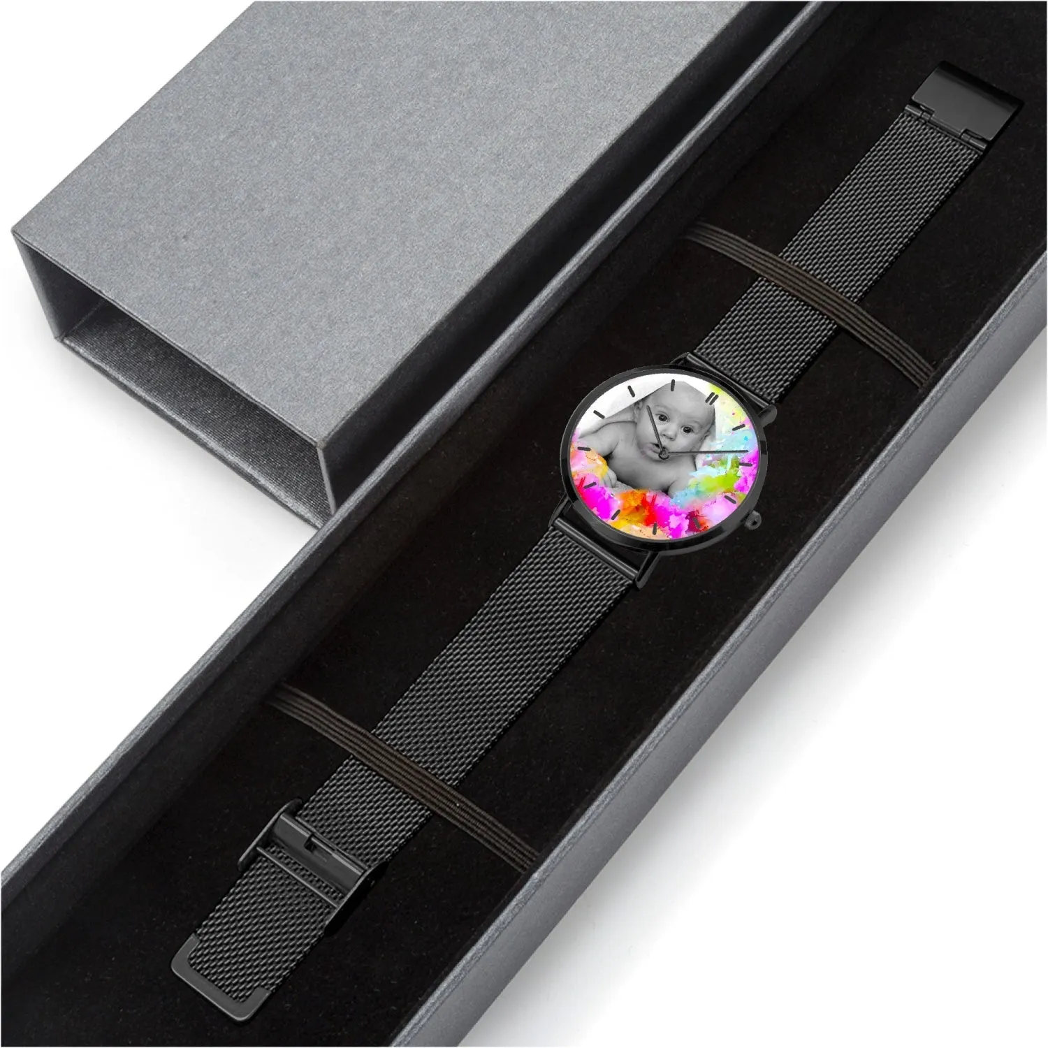 SAMPLE Baby image on colorful background. In 3 Sizes. Fashion Ultra-thin Stainless Steel Quartz Watch (With Indicators)