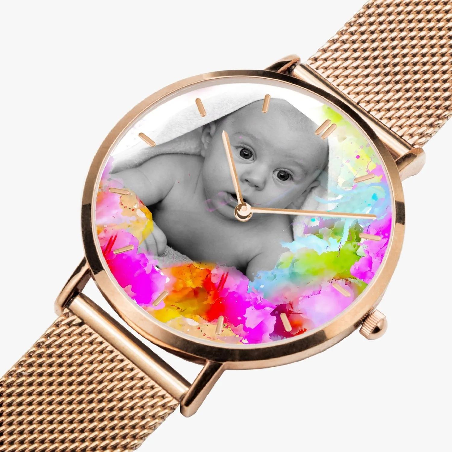 SAMPLE Baby image on colorful background. In 3 Sizes. Fashion Ultra-thin Stainless Steel Quartz Watch (With Indicators)