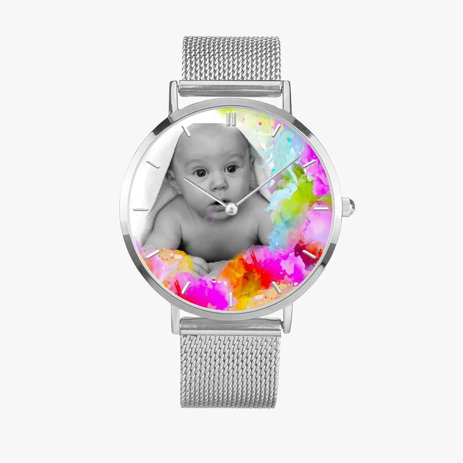 SAMPLE Baby image on colorful background. In 3 Sizes. Fashion Ultra-thin Stainless Steel Quartz Watch (With Indicators)