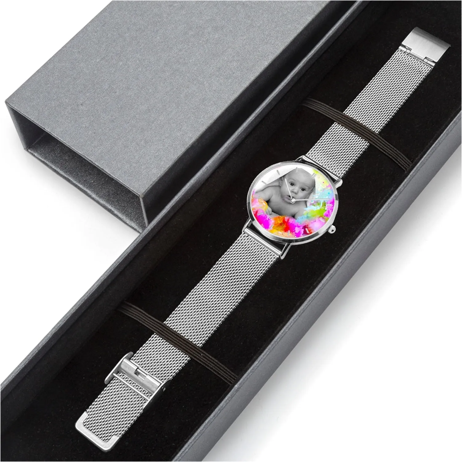 SAMPLE Baby image on colorful background. In 3 Sizes. Fashion Ultra-thin Stainless Steel Quartz Watch (With Indicators)