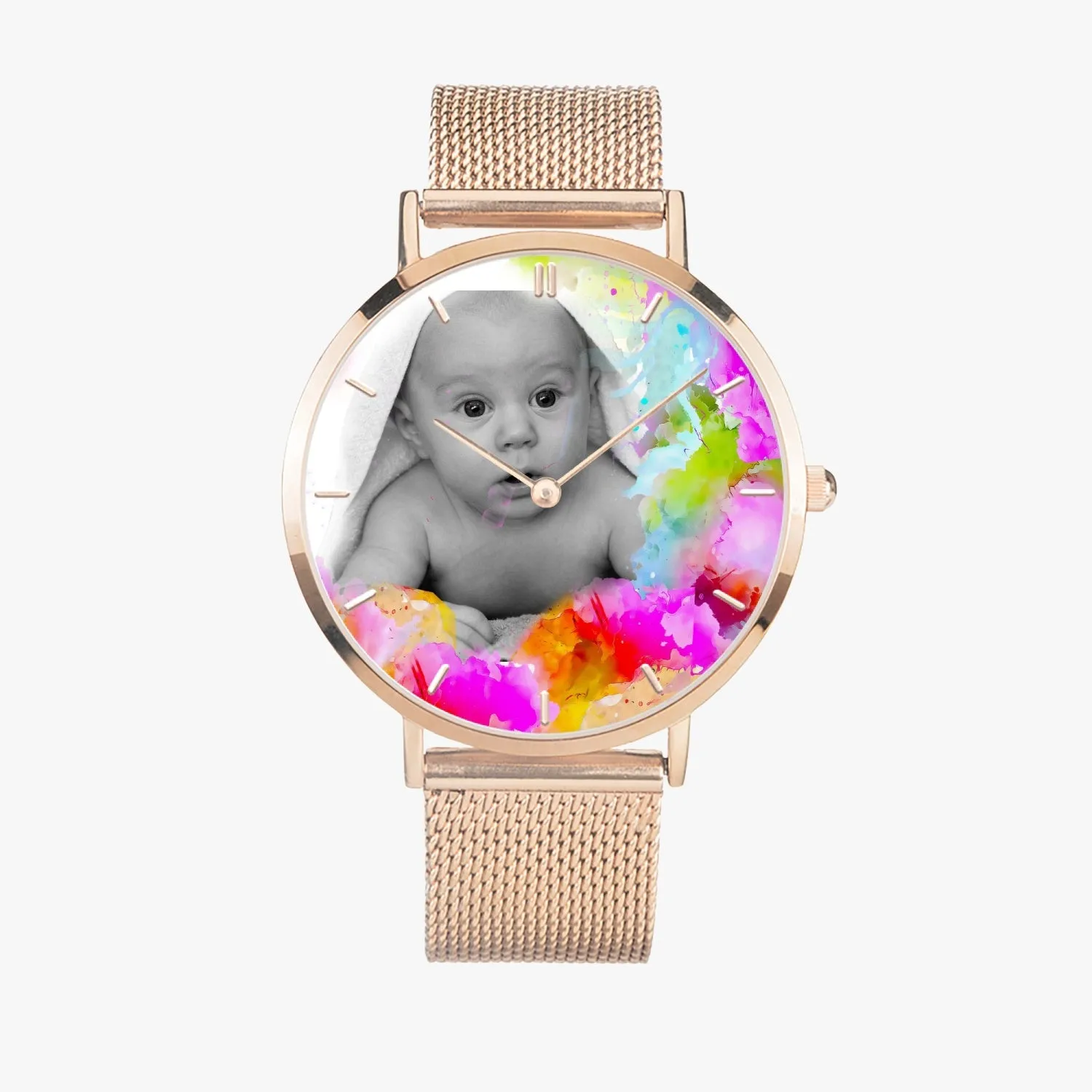 SAMPLE Baby image on colorful background. In 3 Sizes. Fashion Ultra-thin Stainless Steel Quartz Watch (With Indicators)