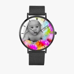 SAMPLE Baby image on colorful background. In 3 Sizes. Fashion Ultra-thin Stainless Steel Quartz Watch (With Indicators)