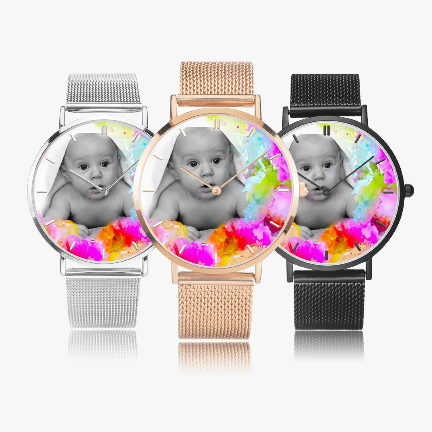 SAMPLE Baby image on colorful background. In 3 Sizes. Fashion Ultra-thin Stainless Steel Quartz Watch (With Indicators)