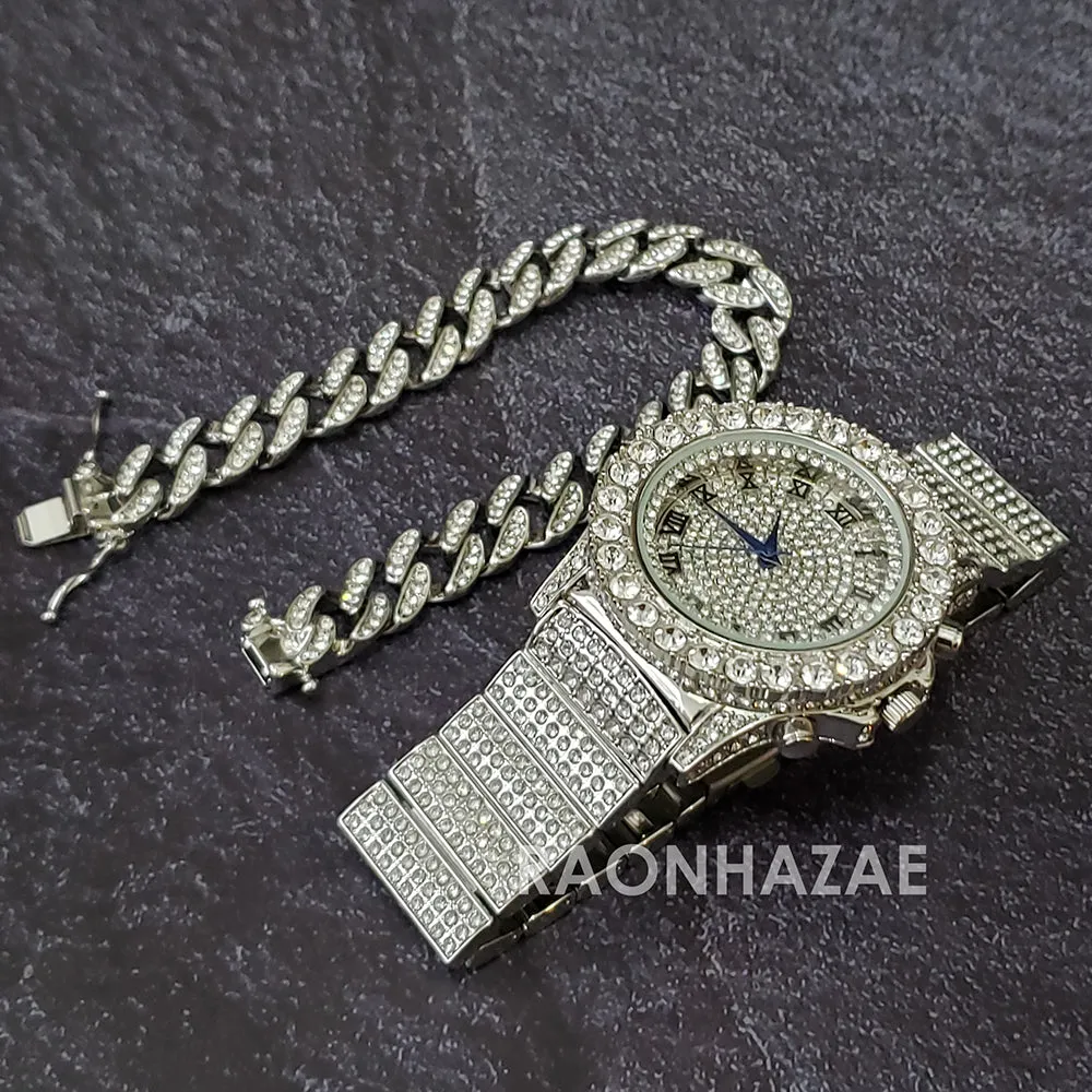 Silver Raonhazae Hip Hop Iced Lab Diamond OVIO DRAKE 14K White Gold Plated Watch with 12mm Cuban Link Bracelet Set