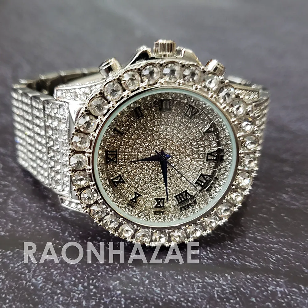 Silver Raonhazae Hip Hop Iced Lab Diamond OVIO DRAKE 14K White Gold Plated Watch with 12mm Cuban Link Bracelet Set
